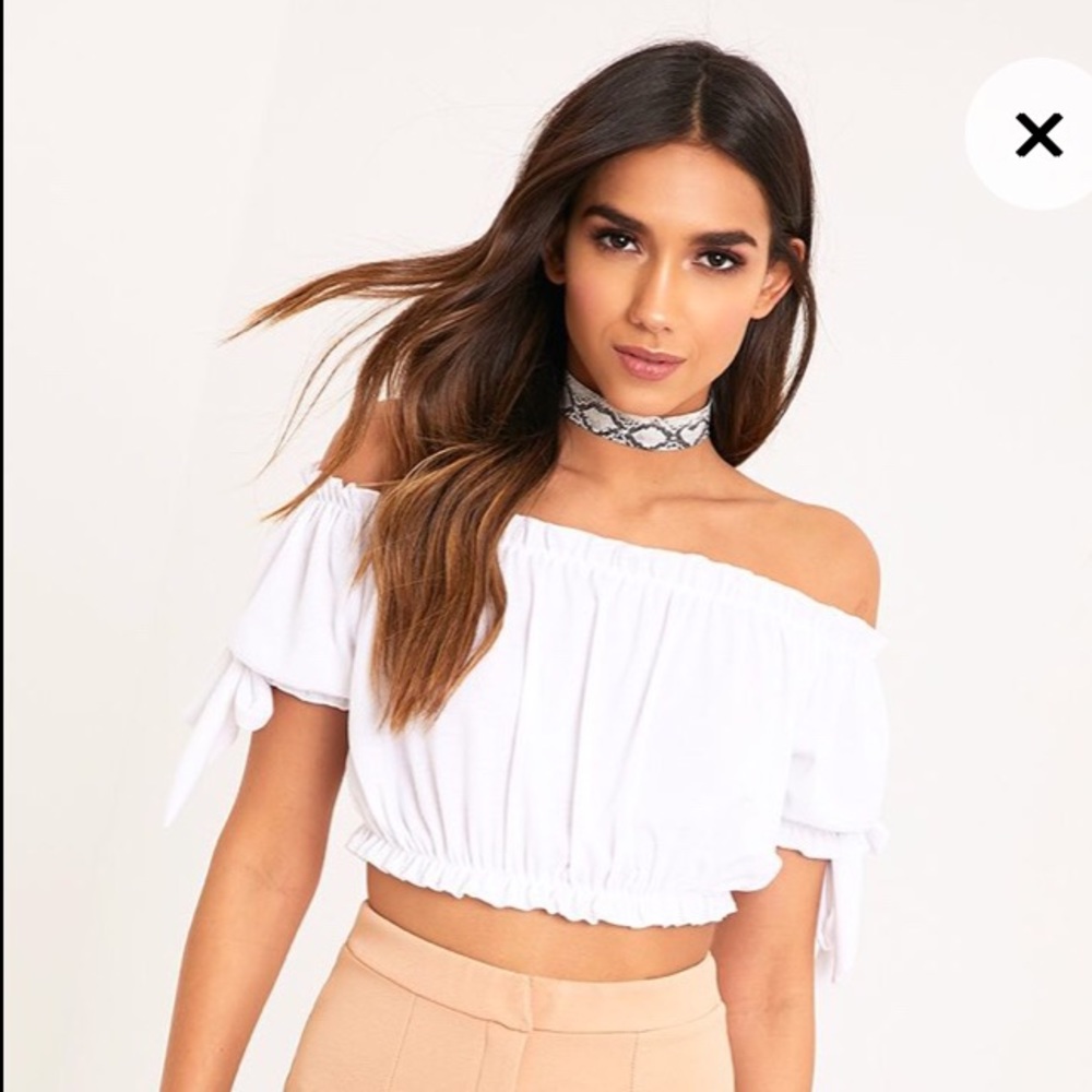 PrettyLittleThing White Bardot Bow Sleeve Crop Top
